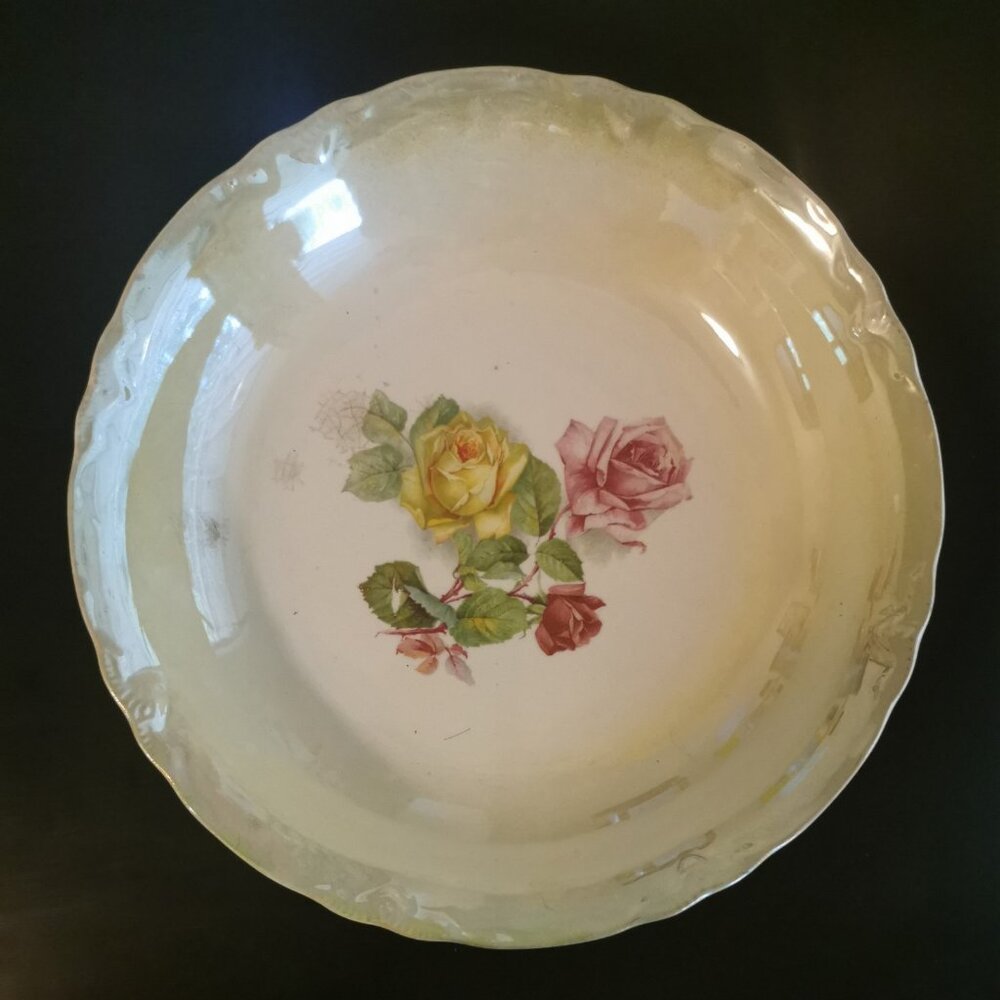 Vintage Thompson Francis Lusterware Serving Bowl‎ 8.6 " Yellow Pink Gold Floral